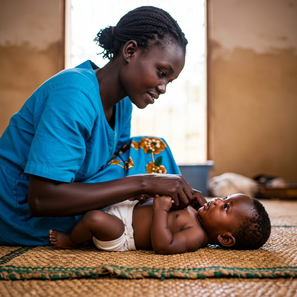 A smiling baby with a parent
